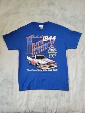 Pabst Blue Ribbon PBR Mens Large Racing 1844 Racecar Blue Unisex Tshirt Race Car